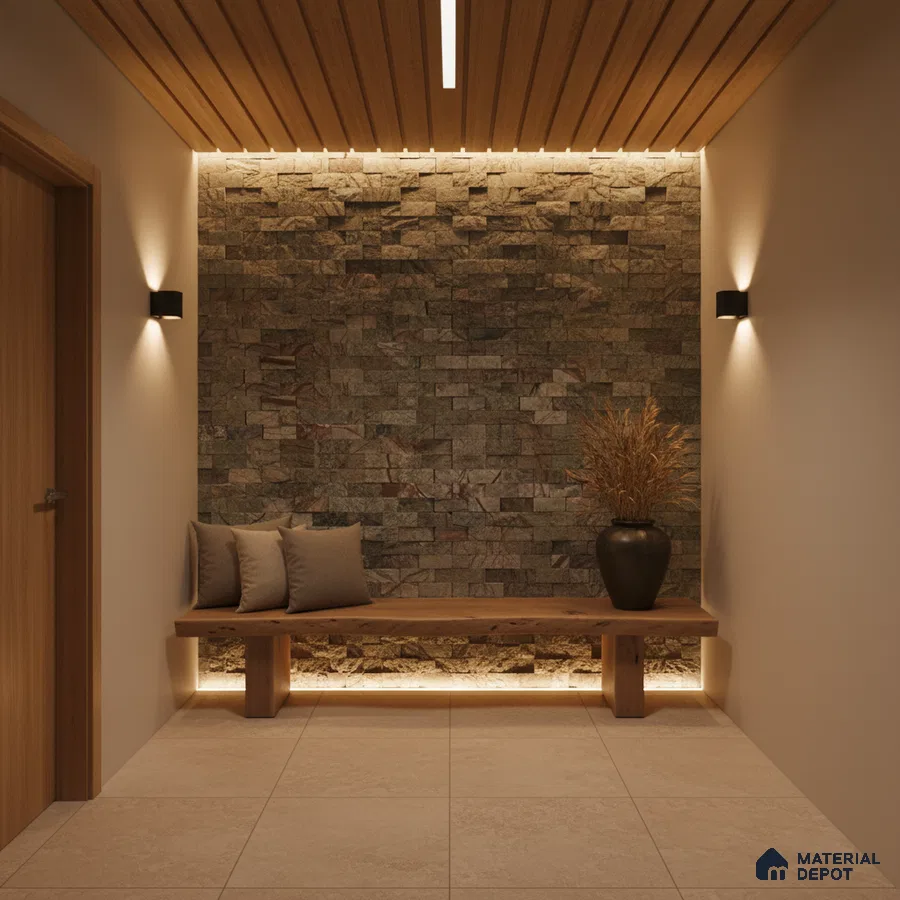 Modern foyer with stone cladding accent wall, wooden ceiling louvers, and beige floor tiles in Bengaluru