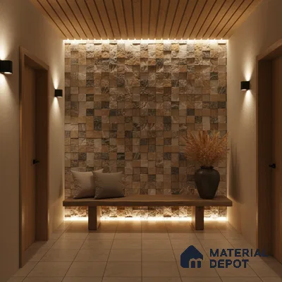 Modern foyer with stone cladding accent wall, wooden ceiling panels, and beige floor tiles in Bengaluru
