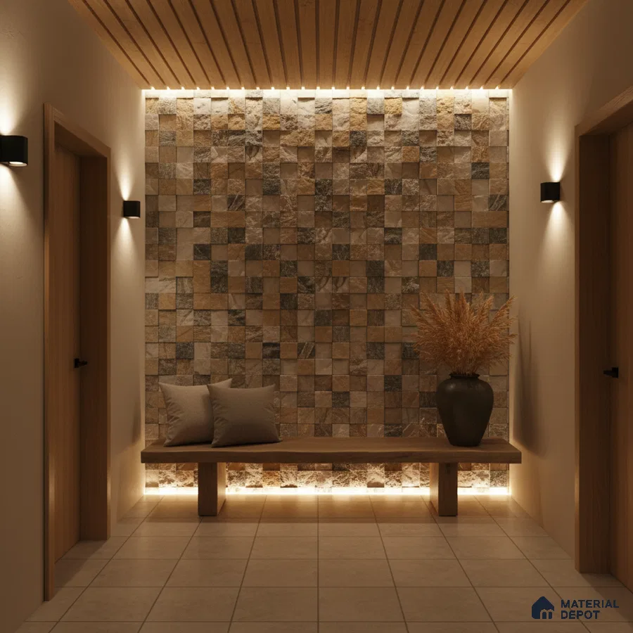 Modern foyer with stone cladding accent wall, wooden ceiling panels, and beige floor tiles in Bengaluru
