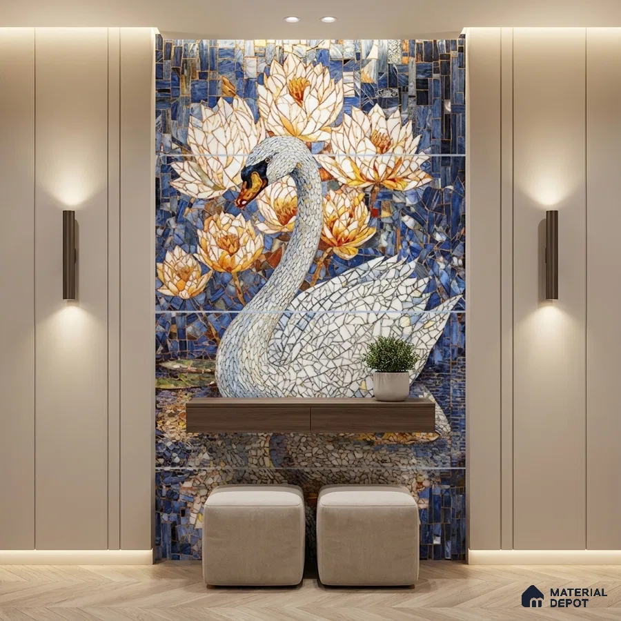 Modern foyer with swan floral mosaic poster wall mural tile accent wall and beige wall panels