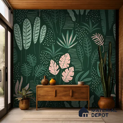 Modern foyer with tropical green patterned wallpaper and natural wood console in Bengaluru