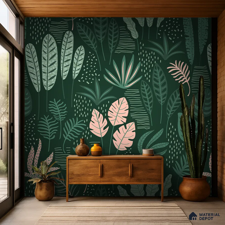 Modern foyer with tropical green patterned wallpaper and natural wood console in Bengaluru