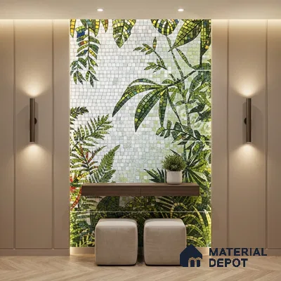 Modern foyer with tropical mosaic poster wall mural tile accent wall and beige matte panels