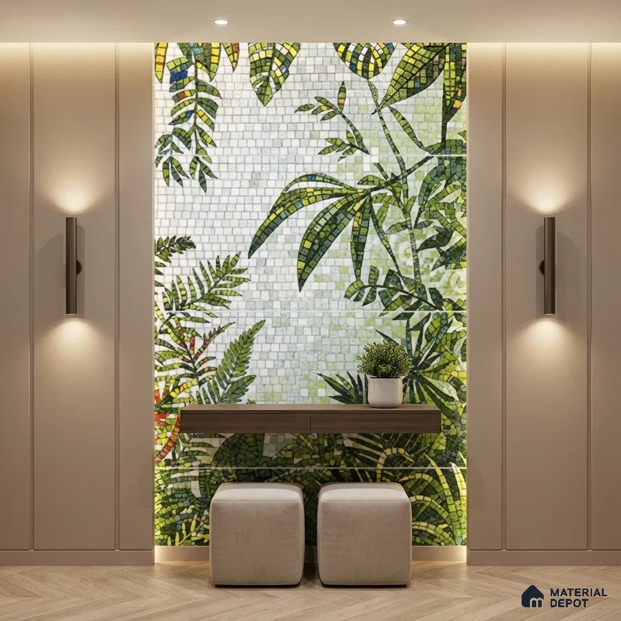 Modern foyer with tropical mosaic poster wall mural tile accent wall and beige matte panels