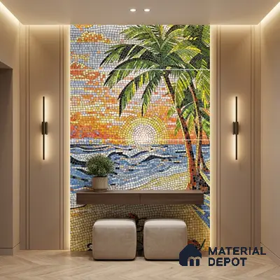 Modern foyer with tropical mosaic poster wall mural tile accent wall and beige wood flooring