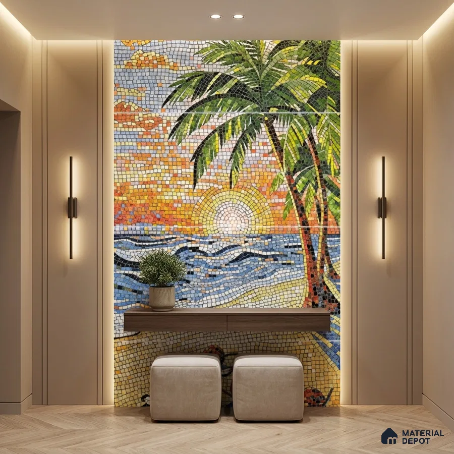 Modern foyer with tropical mosaic poster wall mural tile accent wall and beige wood flooring