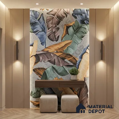Modern foyer with tropical patterned wallpaper, beige wall panels, and wooden floating console