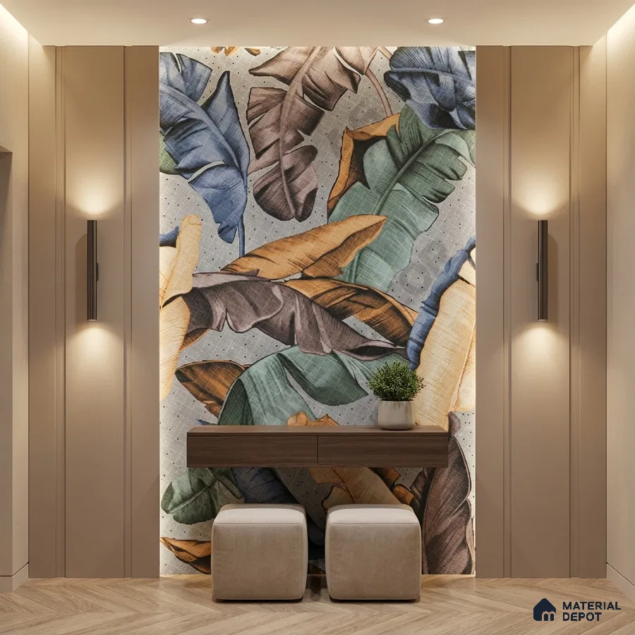 Modern foyer with tropical patterned wallpaper, beige wall panels, and wooden floating console