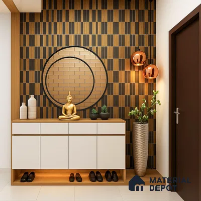 Modern foyer with wood and black striped wall tiles, white laminate shoe cabinet, and gold accent decor in Purva-Riviera-Whitefield 3 BHK Bengaluru Apartment