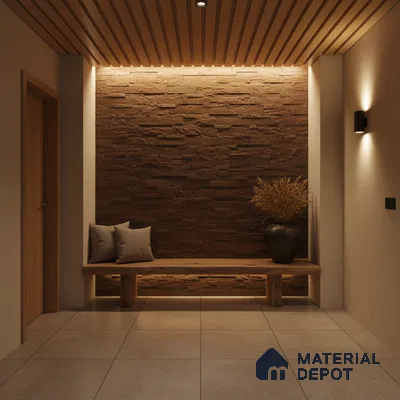 Modern foyer with wooden ceiling, stone cladding accent wall, and large beige floor tiles in Bengaluru