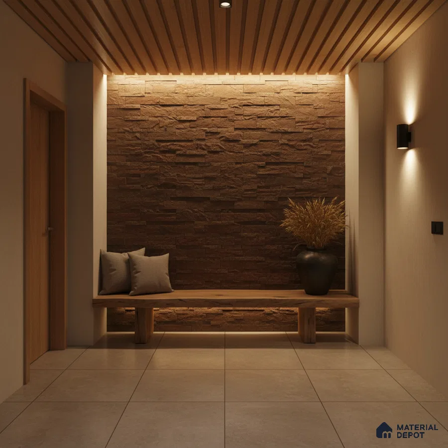 Modern foyer with wooden ceiling, stone cladding accent wall, and large beige floor tiles in Bengaluru