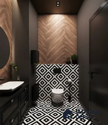 Modern Geometric Elegance: Chic Bathroom with Bold Black and White Patterns | Material Depot
