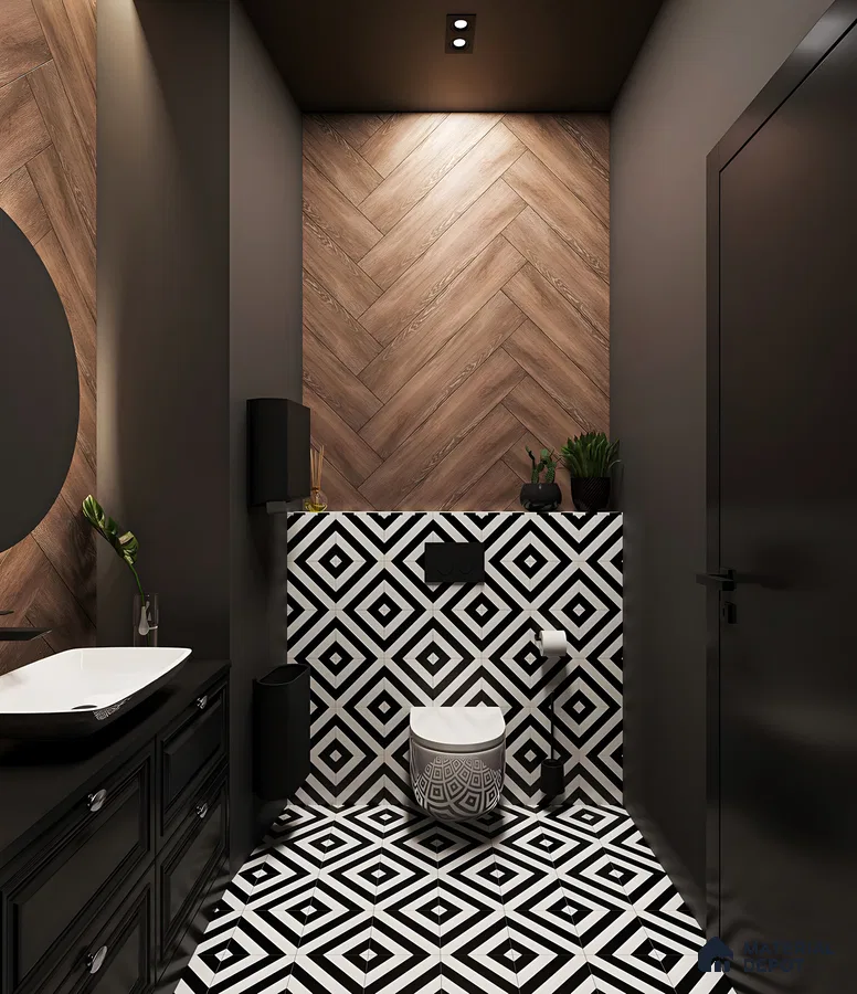 Modern Geometric Elegance: Chic Bathroom with Bold Black and White Patterns | Material Depot