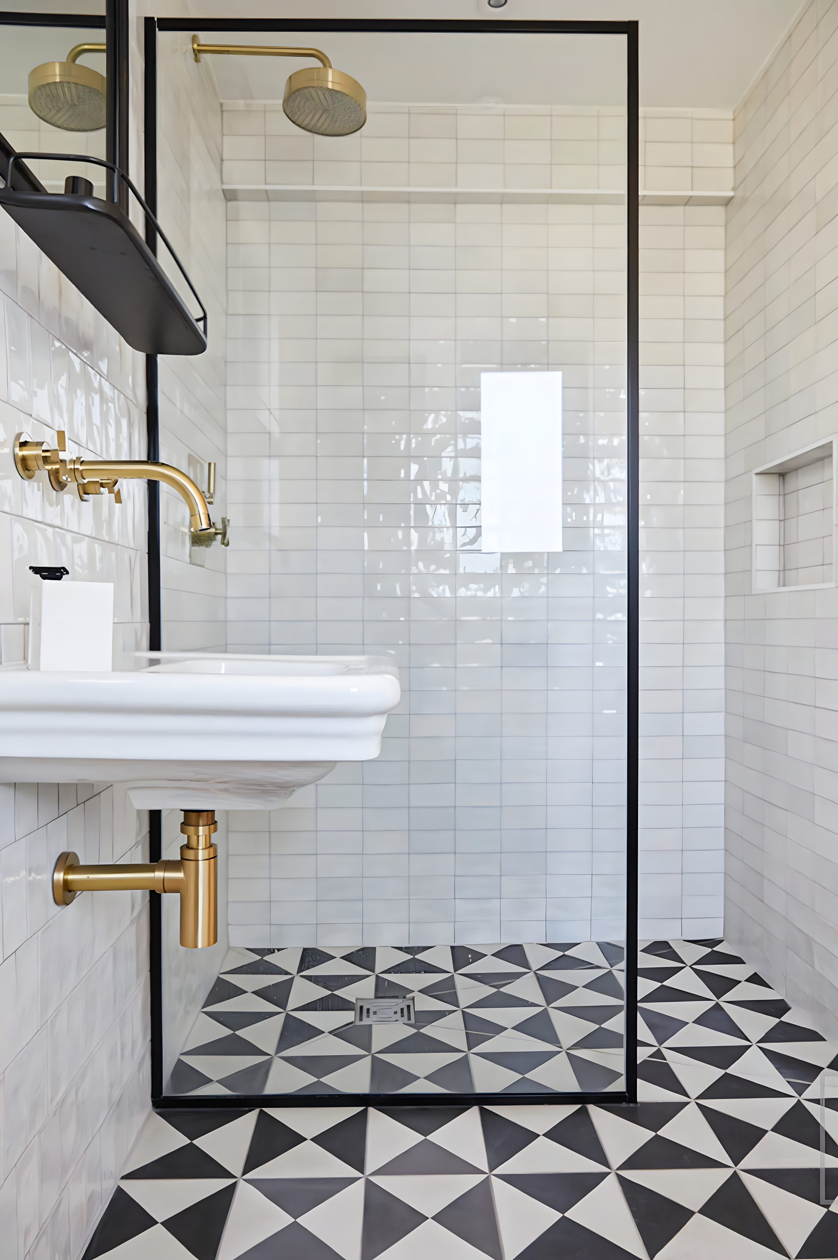 Modern Geometric Floor Tiles with Glossy White Wall Tiles | Material Depot