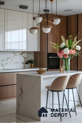 Modern Glam Kitchen With Marble Elegance And Warm Wood Accents | Material Depot