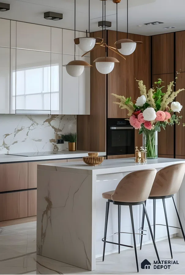 Modern Glam Kitchen With Marble Elegance And Warm Wood Accents | Material Depot