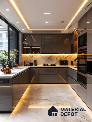 Modern Glam Kitchen With Mocha Glossy Acrylics, Calacatta Marble Surfaces & Luxe Ambient Lighting | Material Depot