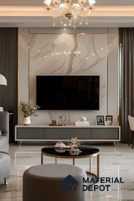 Modern Glam Tv Wall With Marble Backdrop And Luxe Accents | Material Depot