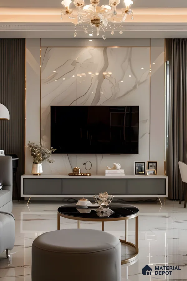 Modern Glam Tv Wall With Marble Backdrop And Luxe Accents | Material Depot