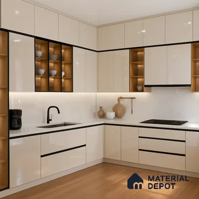 Modern Beige glossy kitchen in 2bhk apartment in Durga Petals Marathahalli Bengaluru | Material Depot