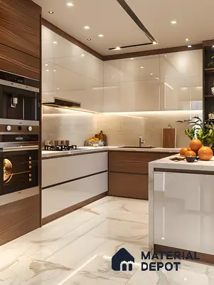 Modern Glossy Kitchen With Wood Accents And Marble Look Flooring | Material Depot