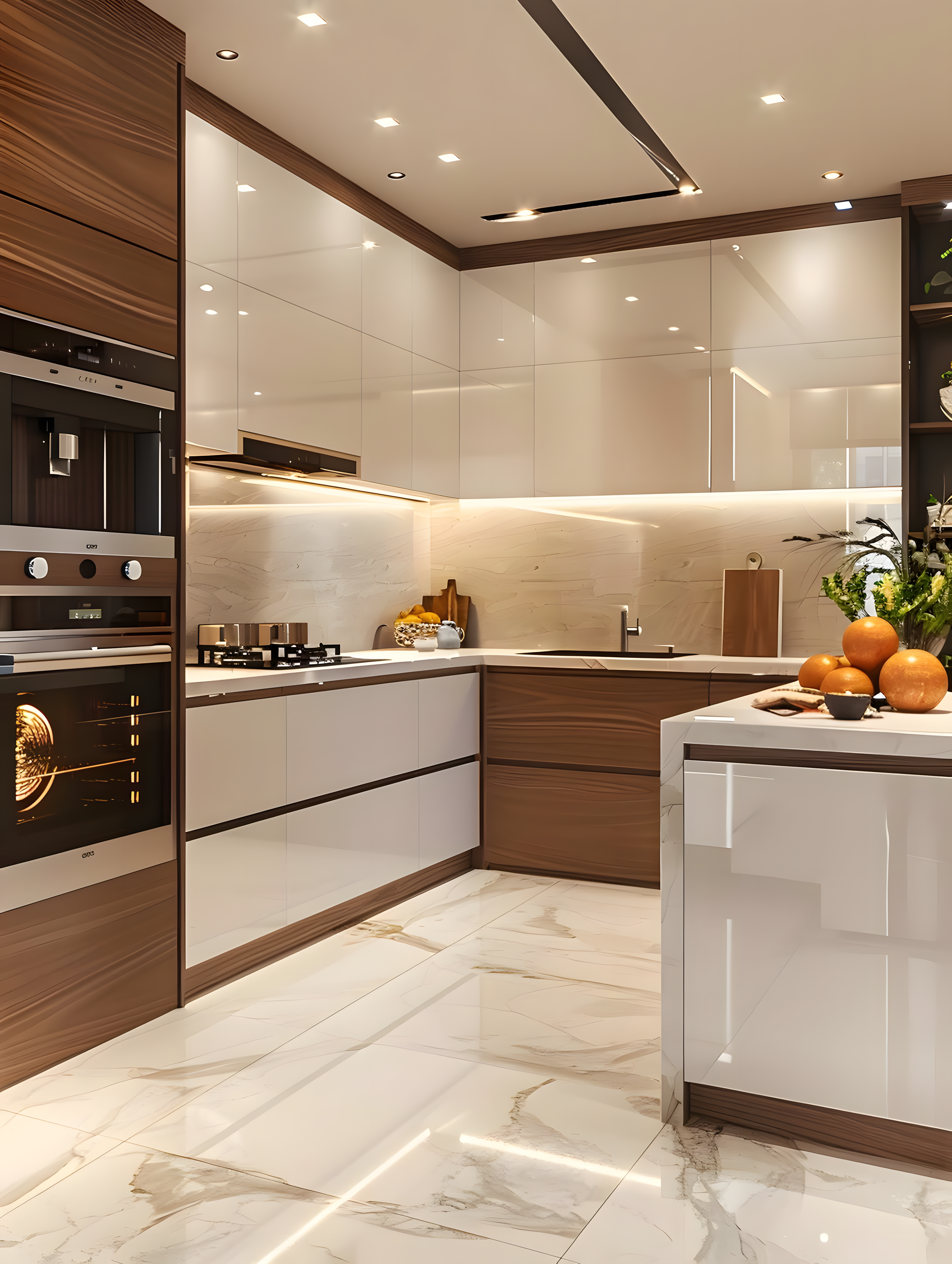 Modern Glossy Kitchen With Wood Accents And Marble Look Flooring | Material Depot