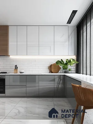 Modern Gray Kitchen with Elegant Marble Accents and Warm Lighting | Material Depot