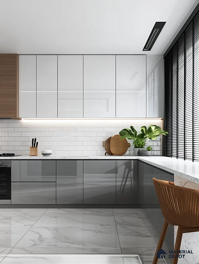 Modern Gray Kitchen with Elegant Marble Accents and Warm Lighting | Material Depot