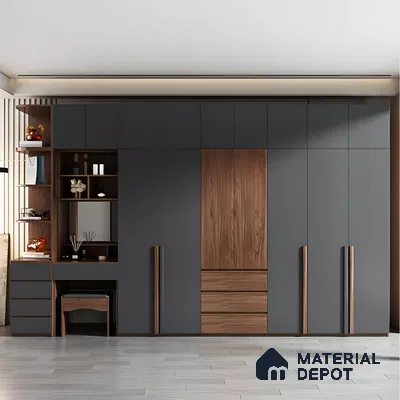Modern Gray Wardrobe with Built-in Dressing Table and Wood Accents | Material Depot