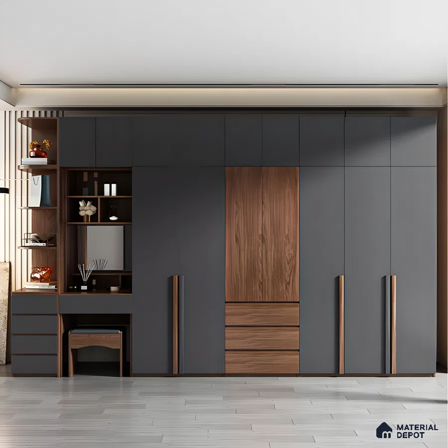 Modern Gray Wardrobe with Built-in Dressing Table and Wood Accents | Material Depot