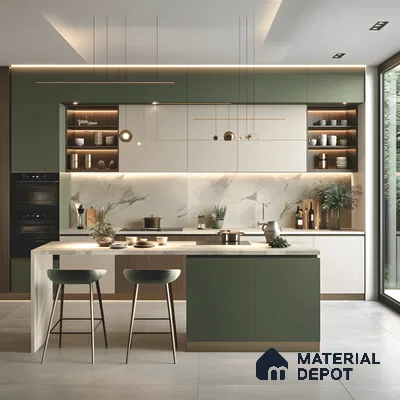 Modern Green & White Kitchen With Marble Backsplash And Island Seating | Material Depot