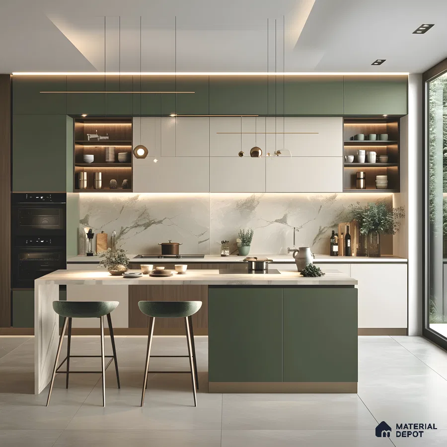 Modern Green & White Kitchen With Marble Backsplash And Island Seating | Material Depot