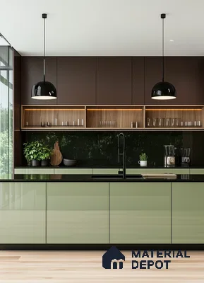 Modern Green and Brown Kitchen with Black Backsplash and Wooden Shelves | Material Depot
