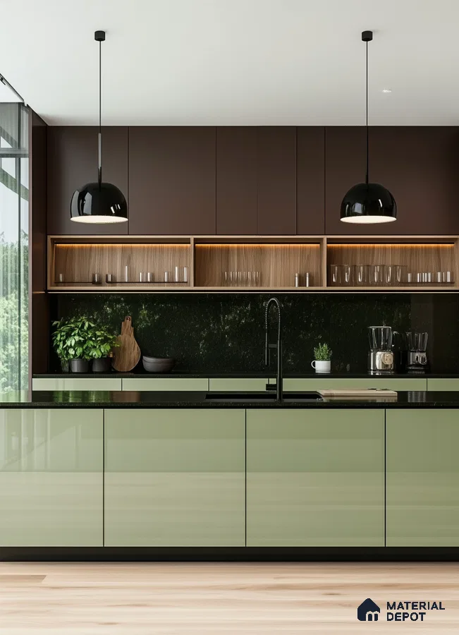 Modern Green and Brown Kitchen with Black Backsplash and Wooden Shelves | Material Depot