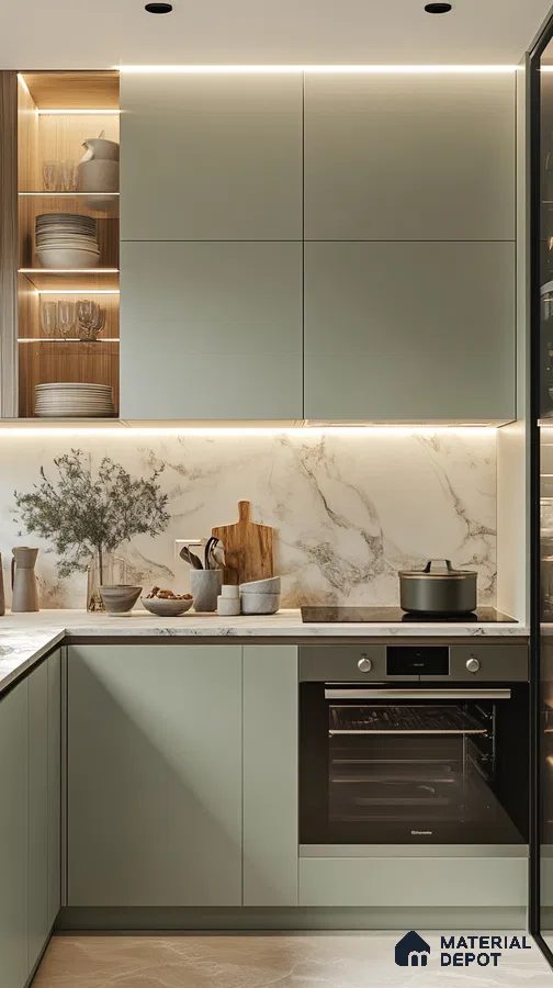 Modern Green and Marble Kitchen with Sleek Design Elements | Material Depot
