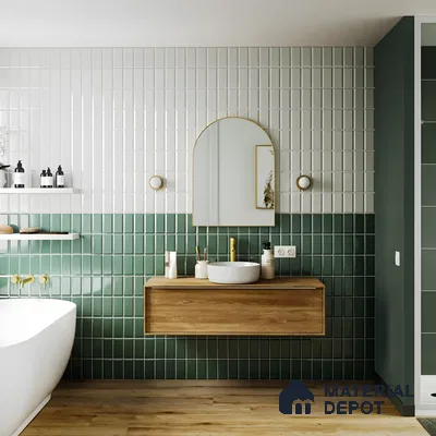 Modern Green and White Tile Bathroom with Wood Accents | Material Depot