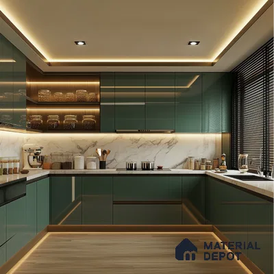 Modern Pink Glossy Kitchen with Marble Backsplash and Pendant Lights | Material Depot