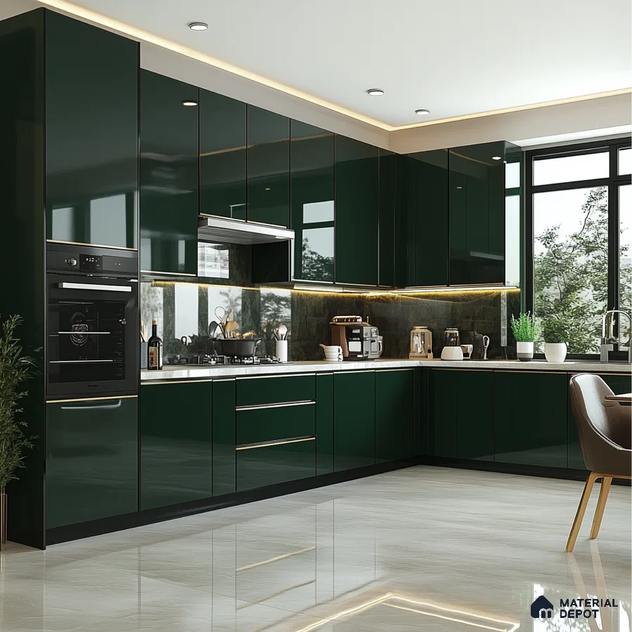 Modern Black and White Kitchen with Marble Finishes and Pendant Lights | Material Depot