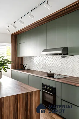 Modern Green Kitchen with Herringbone Backsplash | Material Depot