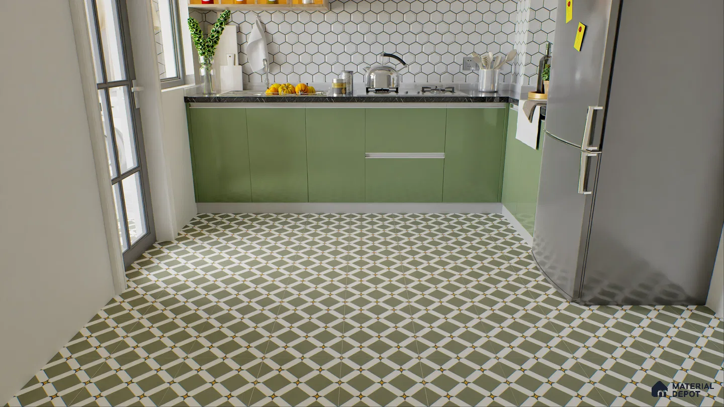 Modern Green Kitchen with Hexagonal Backsplash | Material Depot