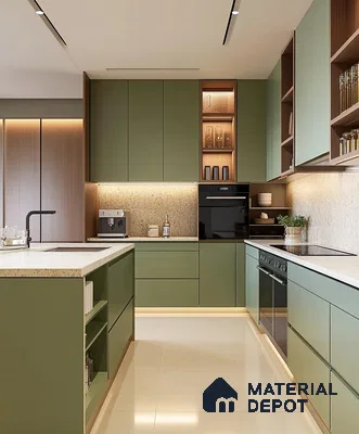 Modern Green Kitchen with Integrated Wood Features | Material Depot