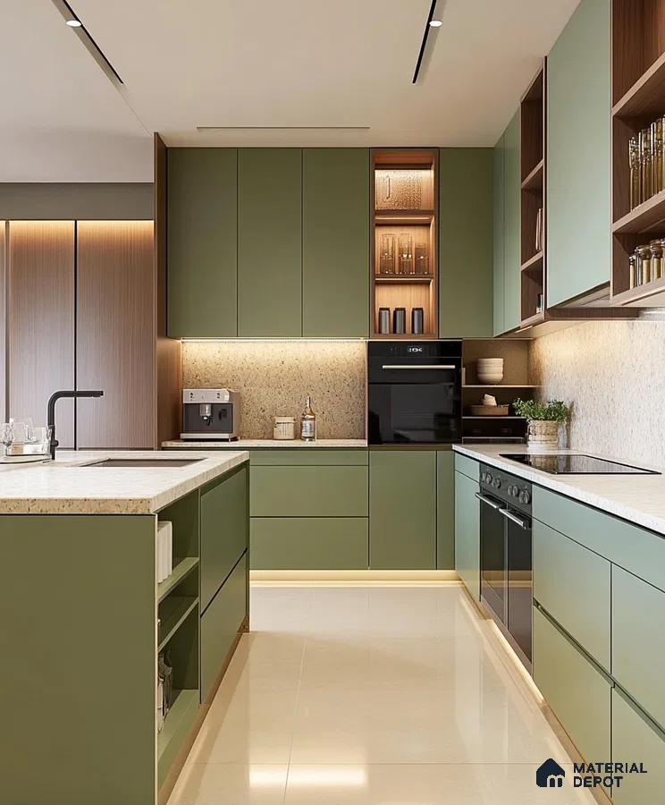 Modern Green Kitchen with Integrated Wood Features | Material Depot