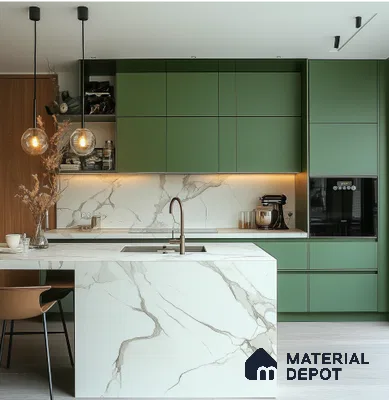 Modern Green Kitchen with Marble Countertop and Warm Lighting Accents | Material Depot