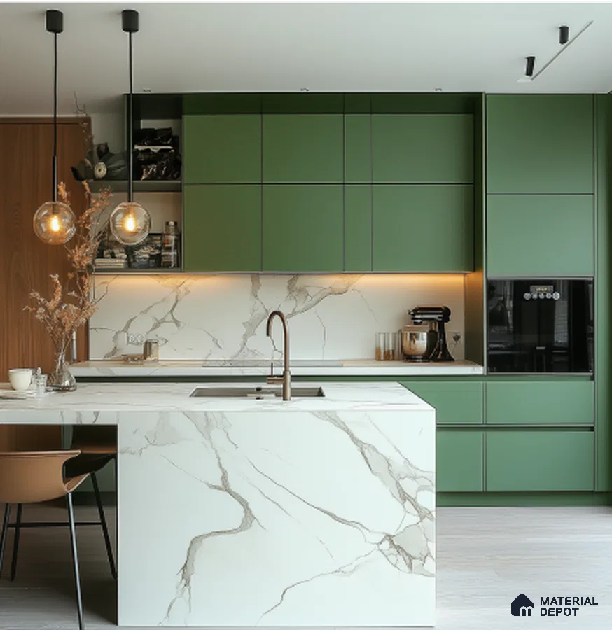 Modern Green Kitchen with Marble Countertop and Warm Lighting Accents | Material Depot