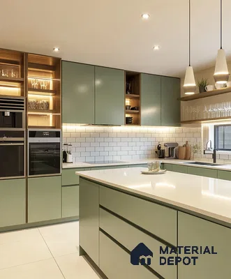 Modern Green Kitchen with Wooden Display Cabinets | Material Depot
