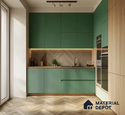 Modern Green Laminate Kitchen Cabinets with Wood Accents for Elegant Interiors | Material Depot