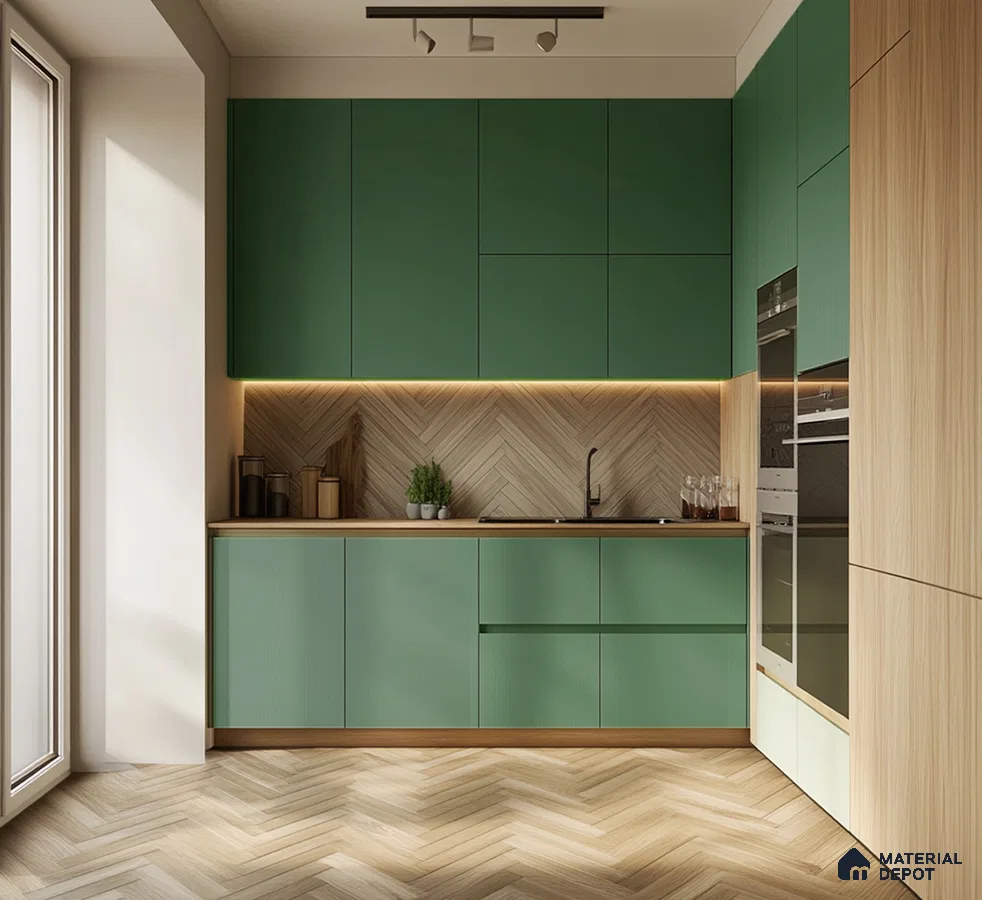 Modern Green Laminate Kitchen Cabinets with Wood Accents for Elegant Interiors | Material Depot