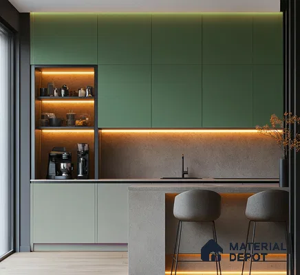 Modern Green Laminate Kitchen with Underlit Cabinets and Grey Accents | Material Depot