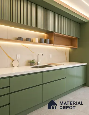 Modern Green Modular Kitchen with Marble Backsplash and Fluted Cabinets | Material Depot