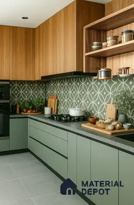 Modern Green Modular Kitchen with Moroccan Geometric Tile Backsplash, Warm Wood Cabinets & Grey Countertop in Prestige Royal Garden Doddaballapur | Material Depot